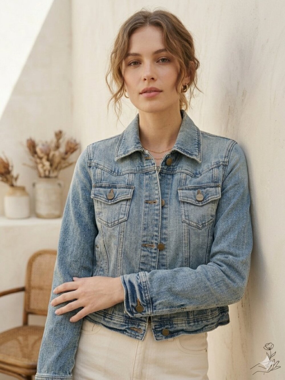 Mossimo Denim Distressed Trucker Jacket Floral Lining Light Wash Blue Medium